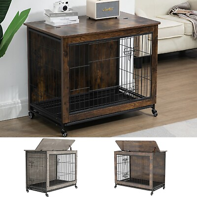 #ad 23In Wood Dog Crate Furniture Kennel Home Use Metal Pet Cage with Wheels amp; Tray $103.99