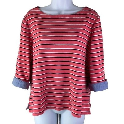 #ad Nautica Boatneck 3 4 Sleeve Tee Striped Cotton Coral Pink Fits like XL $9.99