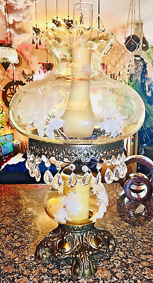#ad Unique Vintage Crystal Bohemian Double Lite Glass Fairy Garden Paint Brass Lamp $199.00