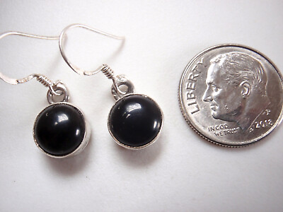 #ad Small Black Onyx Round 925 Sterling Silver Dangle Earrings $13.99