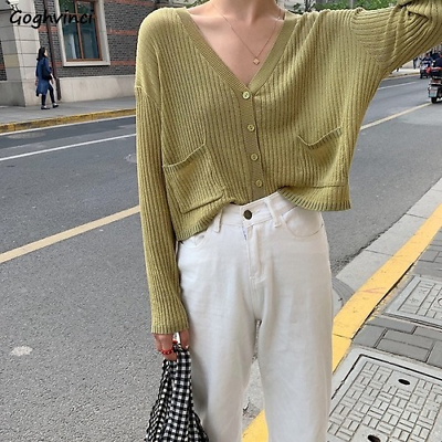 #ad Cardigan Long Sleeve Crop Tops Summer Outwear V neck Single Breasted Pockets $33.96