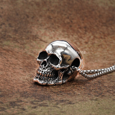 #ad Gothic Mens Biker Skull Pendant Necklace Men Stainless Steel Chain Silver Gift $9.99