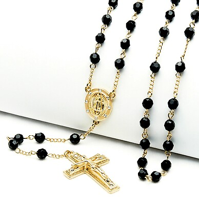 #ad Rosary Black Bead Gold Silver Tone Guadalupe amp; Jesus Cross 28quot; Necklace HR 600 $7.99