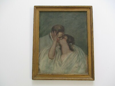 #ad ANTIQUE ART DECO Painting PORTRAIT PRETTY WOMAN MAN 1910#x27;S OIL Romantic Lovers $720.00