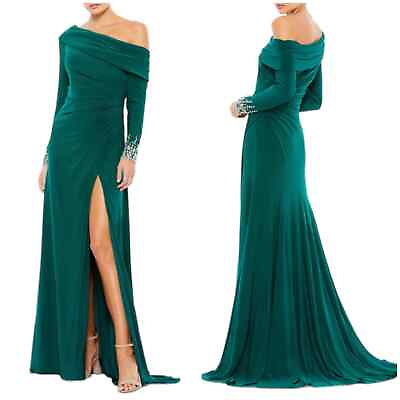 #ad Mac Duggal NWT Off The Shoulder Jersey Gown Jewel Accented Cuffs Size 12 Green $250.00