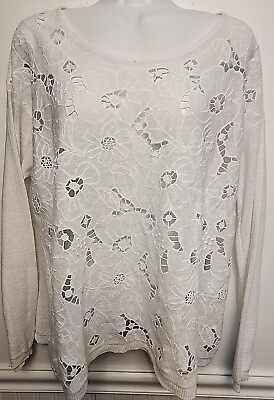 #ad J.Jill Lightweight White Sweater Medium Pullover Floral Lace L S Linen Blend $14.00