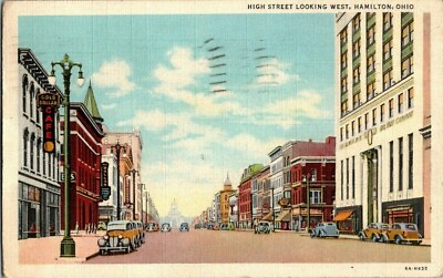 #ad 1940#x27;S HIGH STREET LOOKING WEST. HAMILTON OH.. POSTCARD FF7 $7.00