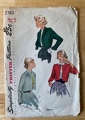 #ad Simplicity sewing pattern #2780 bolero jacket miss 12 bust 30 vtg 1949 cut $5.00
