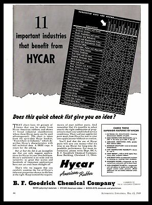#ad 1949 B.F. Goodrich Industries That Benefit From quot;Hycarquot; American Rubber Print Ad $10.46