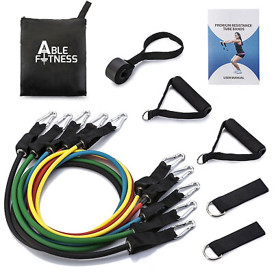 #ad 5 EXERCISE RESISTANCE BANDS CORDS 100 LBS SET YOGA PILATES WORKOUT FITNESS $19.99