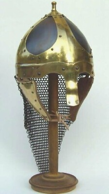 #ad MEDIEVAL HISTORICAL BATTLE HELMET IN STEEL AND BRASS FINISH. WITHOUT STAND $121.50