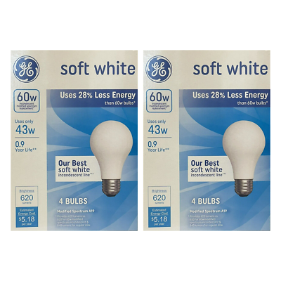 #ad GE 60 Watt A19 Soft White Dimmable 620 Lumens of 8 Basic Bulbs 2 Pack Each 4 Pcs $23.99