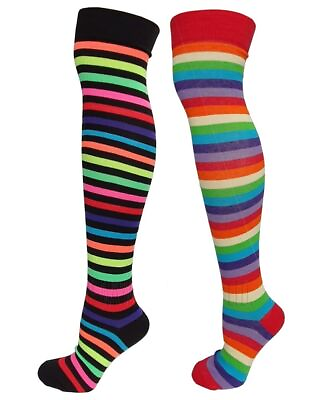 #ad New Ladies Teens Rainbow Neon Stripe Over The Knee Cotton Socks UK Size 4 6.5 GBP 4.99
