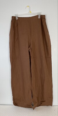 #ad FLAX 100% Linen Womens Pull On Pants Brown Wide Leg Lagenlook Size Large $49.99
