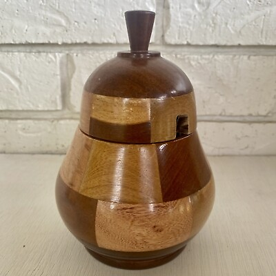 #ad Wood Marquetry Sugar Salt Bowl Trinket Box Holder With Lid Pear Fruit Handmade $20.00