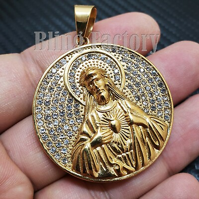 #ad Iced Hip Hop Stainless steel Gold Tone Holy Jesus Medal Fashion Charm Pendant $16.99