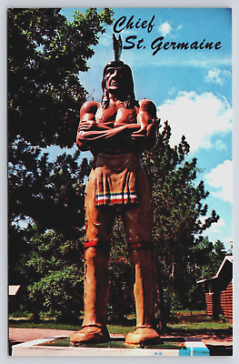 #ad Indian Chief St Germaine Statue Vilas County Wisconsin WI Vtg Postcard C11 $4.95