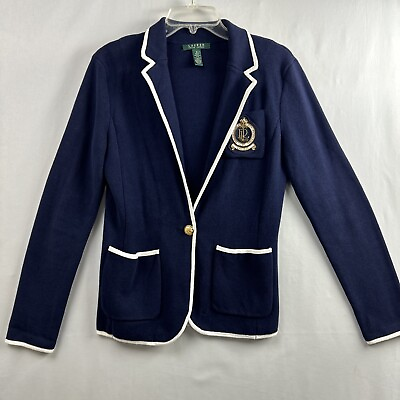 #ad Lauren Ralph Lauren LRL Knit Blazer Womens Small Jacket Blue Crest Logo $59.50
