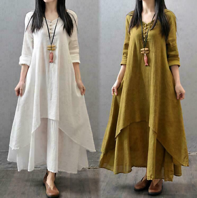 #ad Retro Womens Summer Elegant Chinese Linen Clothes Long Dress Plus Size 5XL $15.65