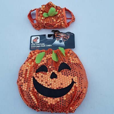 #ad Pet Dog Costume Pumpkin Sequined Jack O Lantern Halloween XSMALL SMALL 2PC w Hat $7.20