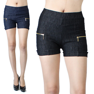 #ad NWT Womens Stretch Shorts Black Blue Denim Look with Zipper Pockets One Size $6.26