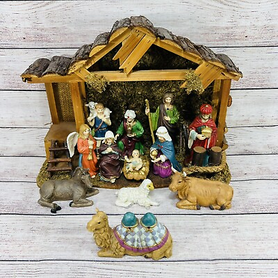 #ad Vintage Walmart Christmas Nativity Barn Stable 12 Piece Figurine Set Read $24.95