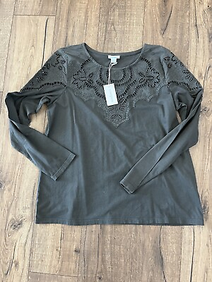 #ad $108 NWT Sundance Olive Green Darrow top embroidery cutouts blouse Long Sleeve M $40.00