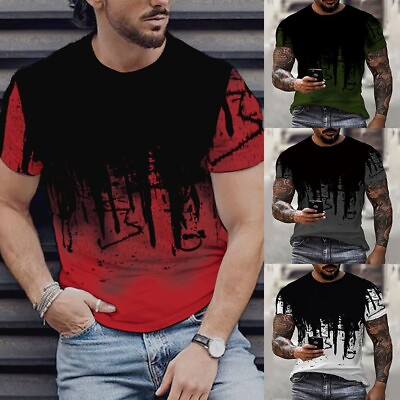 #ad Casual Men#x27;s Short Sleeve Tee Muscle Sports T Shirt 3D Print Crew Neck Gym Tops $14.14