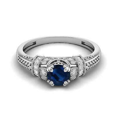 #ad Round Shape Blue Sapphire 925 Sterling Silver Solitaire with Accents Women Ring $13.50