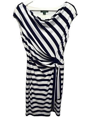 #ad Ralph Lauren Dress Women 10 Blue Navy White Sheath Striped Stretch Work Ruched $39.91