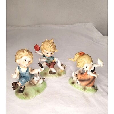#ad Vtg Matching Set Figurines 3 Children 1 Girl 2 Boys Geese Dog Kmart Label $31.32