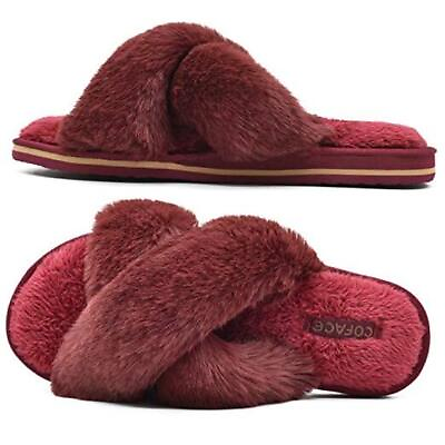 #ad Womens Fuzzy Slides Fluff Faux Fur House Slippers Open Toe Slip On 11 Wine Red $20.49