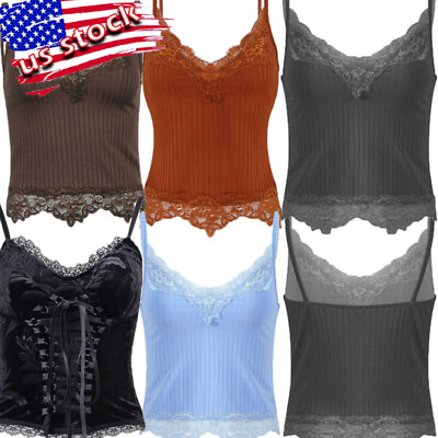 #ad US Womens Lace Trim Y2K Crop Top Sexy V Neck Ribbed Tank Top Camisole T Shirts $5.51