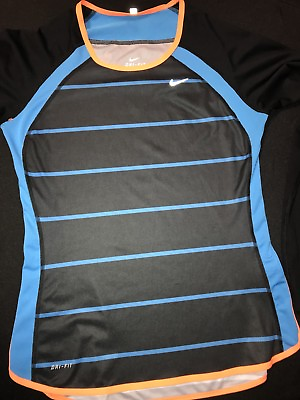 #ad Nike Dri Fit Shirt Womens Sz.SP polyester Black Blue Orange Stripes L.Sleeve $9.25