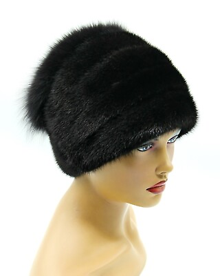#ad Fur Hat Women#x27;s Ladies Winter Fox and Mink quot;Anyutaquot; Headdress Black $237.00