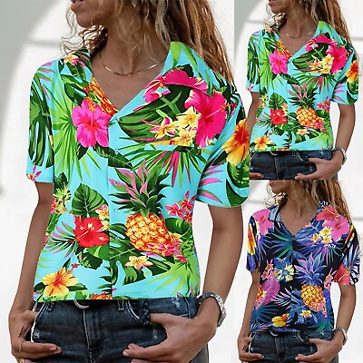 #ad Women#x27;s Funky Hawaiian Shirt Frontpocket Leaves Flowers Pineapple Print Blouse $21.99
