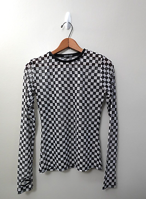 #ad Current Mood Mesh Blouse Size Large Black and White Checkered Skate Rave $15.00