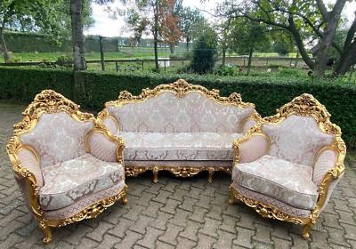#ad 1900s French Louis XVI 3 pcs Sofa Set Gold Leaf Beech amp; Pale Pink Damask $3510.00