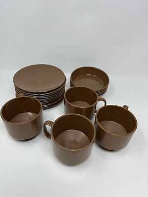 #ad Vintage Set of GENUINE MELAMINE Brown Dishes 11 Small Plates 6 Bowls 4 Mugs $22.39
