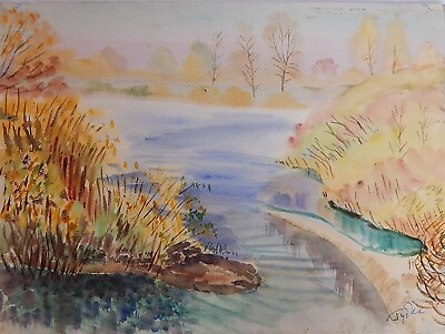 #ad Autumn River Landscape Original Watercolor Pastel Painting Ukrainian Artist VTG $199.00