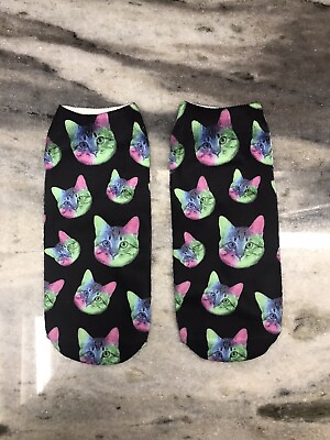 Black Multicolor Rainbow 3D Cat Socks One Size USA Shipping $9.87