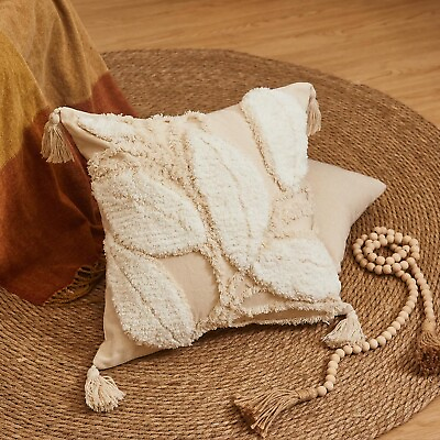 #ad New Natural Leaf Boho Cream Tassel Throw Pillow Case Cover Sham 18quot;x18quot; bohemian $39.60