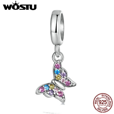 #ad Wostu 925 Sterling Silver CZ Butterfly Colorful Bracelet Charm Bead Pendant Gift $5.94