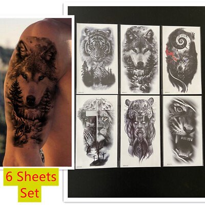 #ad 6 X Temporary Fake Tattoo Stickers Animal Tiger Wolf Waterproof Arm Body Art $5.95