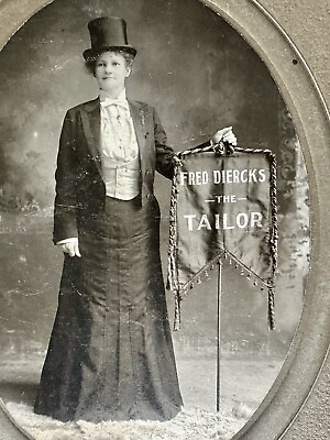 #ad RARE LARGE PHOTO BANNER LADY HOLDING TAILOR ADVERTISING SIGN TEXAS PHOTOGRAPHER $638.34