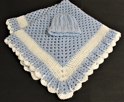 #ad Blue w White Soft Cuddly Crocheted Washable Baby Blanket and Bonus Hat Gift $39.50