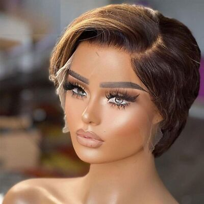 #ad Highlight Pixie Cut Side Part Short Lace Wig Straight Remy Human Hair Wigs Women $54.27