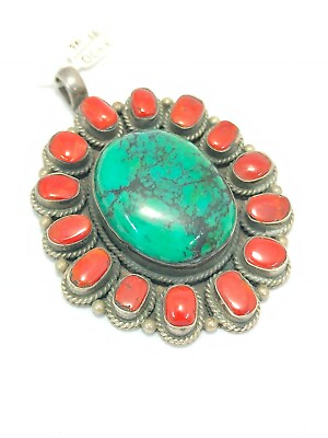 #ad Handmade Pendant 925 Sterling Silver Natural Turquoise amp; Coral Gem Stones 3 $329.00