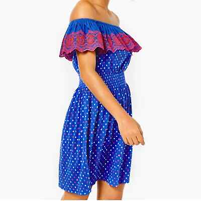 #ad Lilly Pulitzer NWT Off Shoulder Smocked Flutter Fiesta Dress Blue Kalama Size S $71.18