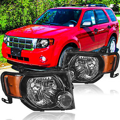 #ad For 2008 2012 Ford Escape Black Headlights Headlamps Assembly Pair With Bulbs $76.88